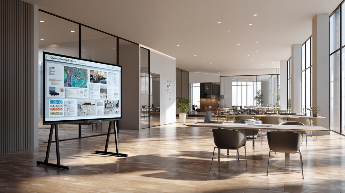 Modern office interior with a large presentation board on a stand, surrounded by meeting tables and chairs, bright natural light creating a professional workspace.”