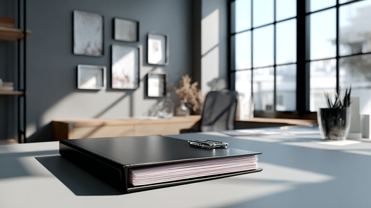 Close-up of a black presentation binder on a modern office desk, with framed documents on the wall and large windows letting in natural light.