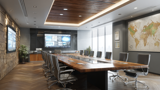 Modern conference room with a large wooden table surrounded by office chairs, projector screens on the walls, and a world map display, bright natural light entering through tall windows.