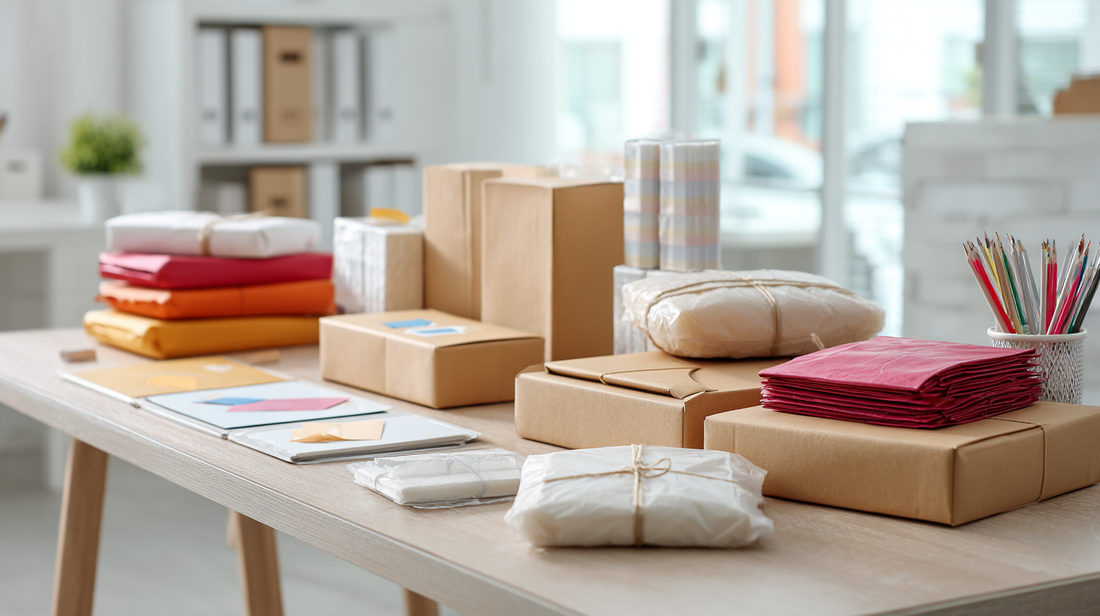 Office workspace with neatly packed cardboard boxes, envelopes, and folded parcels on a wooden desk, surrounded by shipping labels, tape rolls, and colorful stationery in bright natural light.