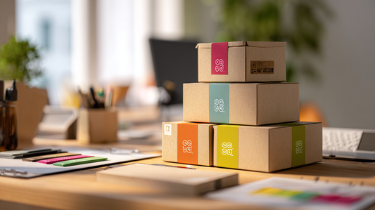 Stack of cardboard shipping boxes with colorful labels on a wooden desk, surrounded by office supplies in a bright modern workspace.