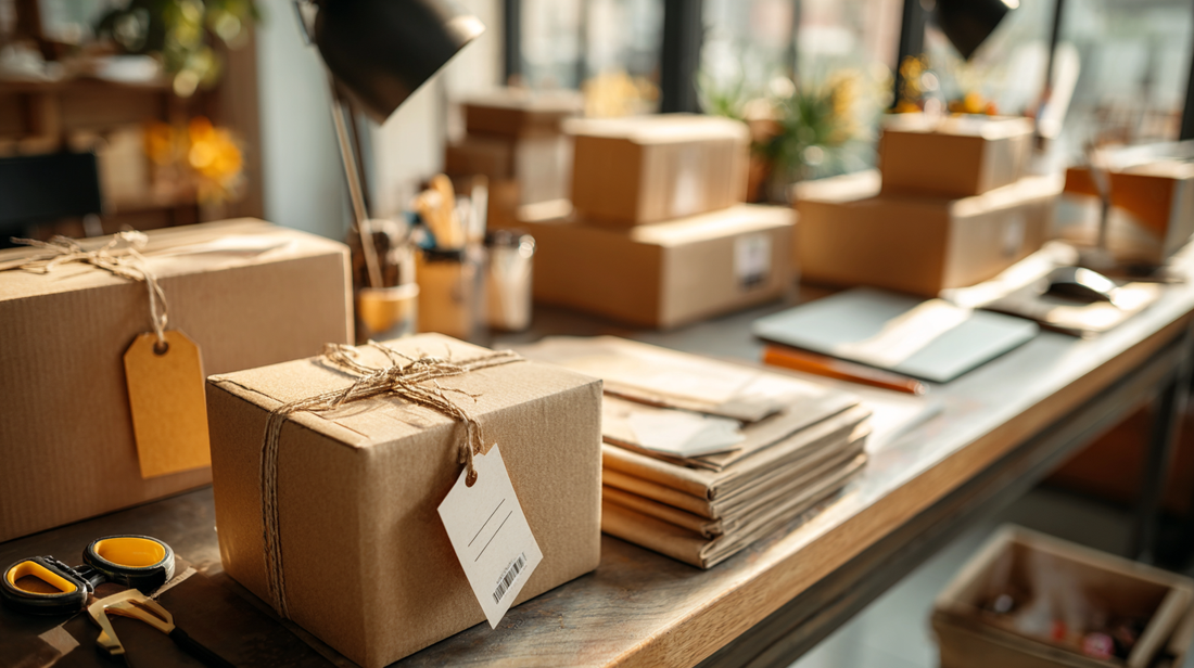 Shipping station with cardboard boxes tied with string and attached shipping tags, stacks of envelopes on a wooden desk, and bright natural light filling the workspace.
