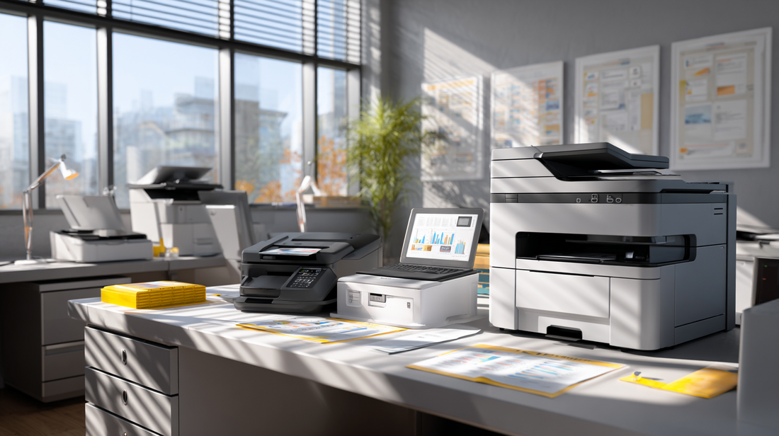 Modern office workspace with multifunction printers, scanners, and documents on a desk, bright natural light streaming through large windows for a professional setting.