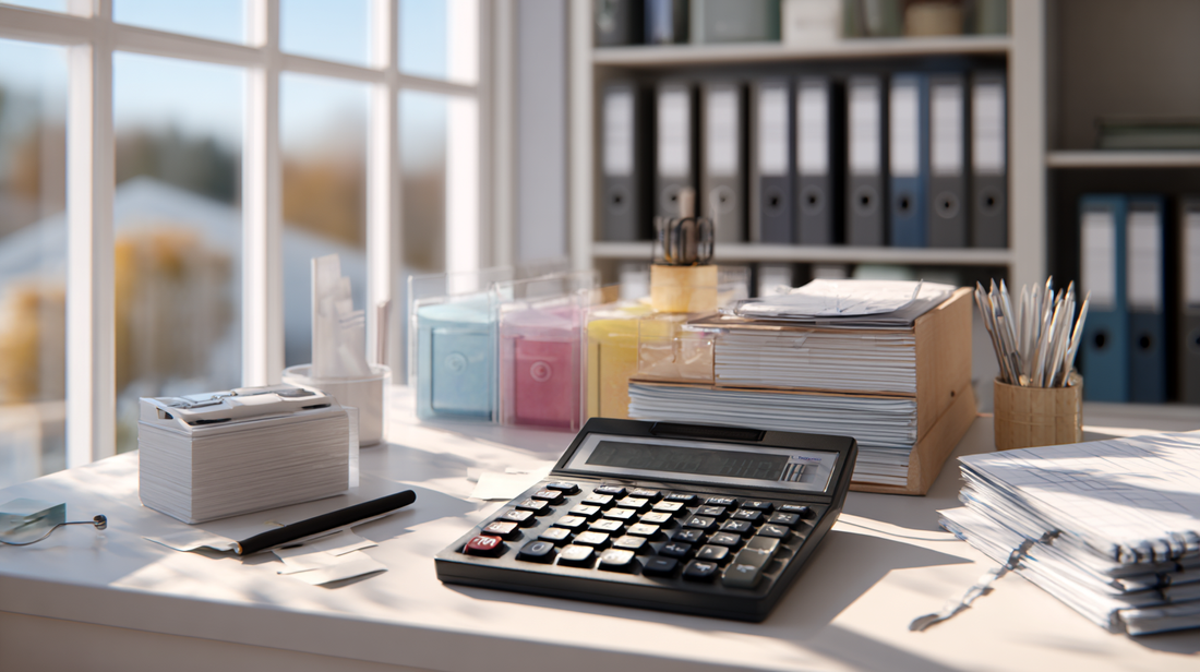 Office desk with a calculator placed among stacks of documents, folders, and pens, with large windows in the background letting in natural light.