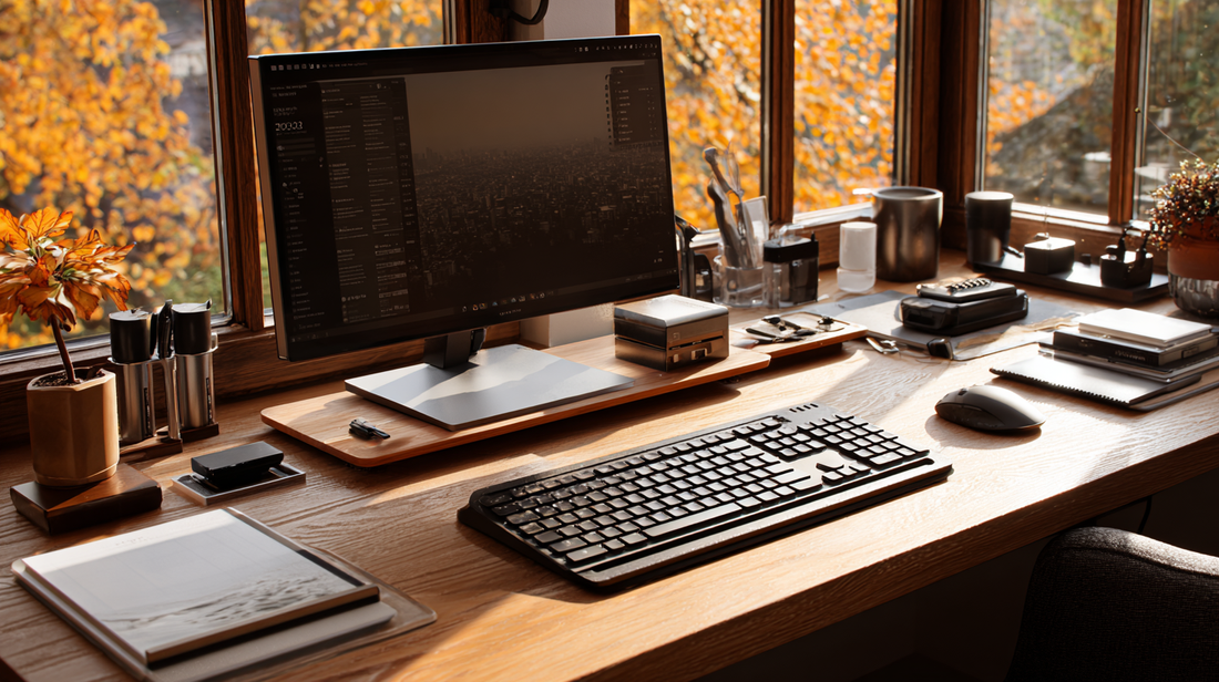 Organized home office desk with a desktop monitor, keyboard, mouse, notebooks, and office accessories, with autumn trees visible through large windows in the background.