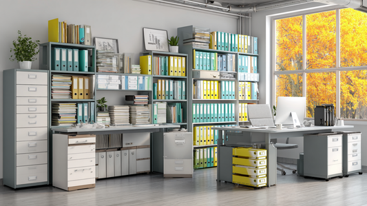 Modern office with filing cabinets, shelves filled with colorful binders, and organized desks by large windows with autumn trees outside.