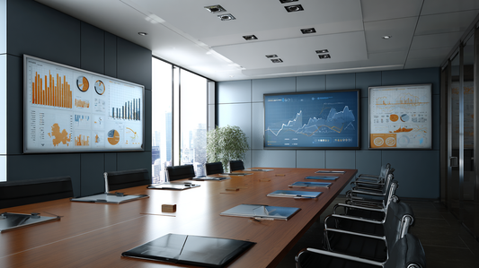 Modern corporate meeting room with large digital whiteboards and charts displayed on the walls, surrounded by a long conference table and office chairs.