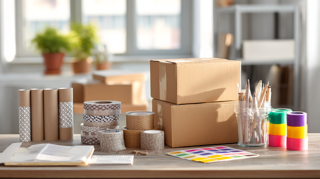 Office packing desk with cardboard boxes, mailing tubes, rolls of tape, colorful stickers, and packing supplies neatly arranged in natural light.