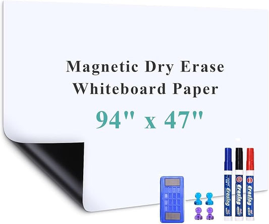 Magnetic Dry Erase Whiteboard Paper, 94" x 47" with Self Adhesive Whiteboard for Wall, Easy to Write and Clean Dry Erase Board for Kids, Office, with Marker, Magnetic Eraser and Magnets