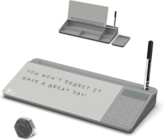 TOWON Desktop Glass Whiteboard with Basic Calculator, 12 Digit LCD Display, Desk Organizers with Accessories for Office, Home, School Supplies, Storage with Dry Erase Board Surface, Gray, 18'' x 6''