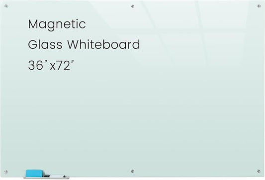 Glass Magnetic White Board - 72 x36 Inches Dry Erase Glass Whiteboard for Wall, Large Wall Mounted Glass Board for School, Office and Home