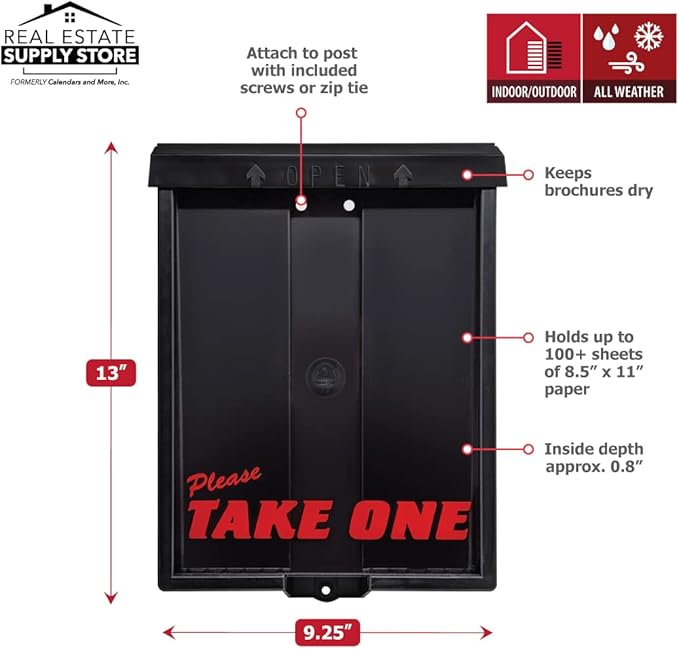Outdoor Real Estate Brochure Box with Snap Shut Lid, Take One Document Holder Can Hold 100, 8.5 x 11 Documents, Flyers, Literature and Other Outdoor Marketing Needs