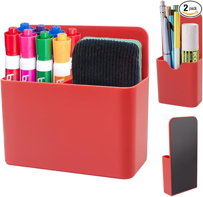 Magnetic Pen Holder,2 Pack Magnetic Dry Erase Marker Holder with Generous Compartments,Strong Magnet Storage Marker Pen Pencil Organizer for Refrigerator,Whiteboard,Locker Accessories