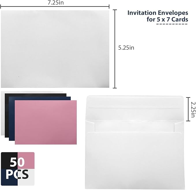 50 Packs 5x7 Envelopes,White A7 Envelopes,5x7 Envelopes for Invitations,Envelopes Self Seal for Weddings,Greeting Cards, Mailing, Invitations, Photos, Postcards,Printable Invitation Envelopes
