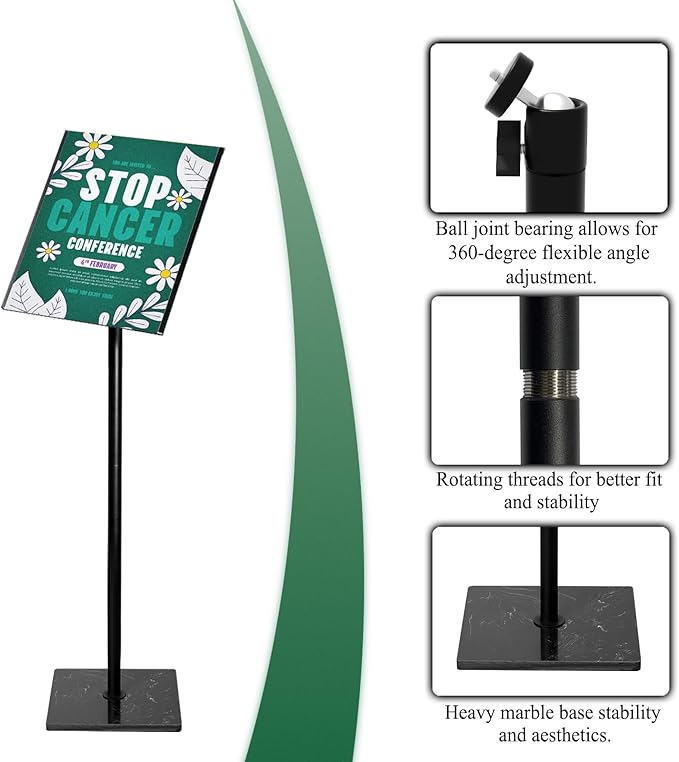 Adjustable Poster Sign Holder Stand 8.5x11 , Sign Holder Stand with Heavy Duty Marble Base, Reusable Sign Holder Vertical & Horizontal View Display for Indoor Outdoor Standing(Square)