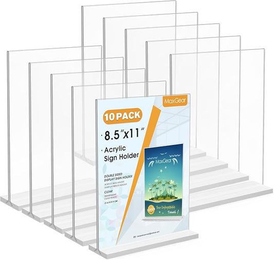 MaxGear Acrylic Sign Holder 8.5x11 Inches 10 Pack, Double Sided Clear Display Stand Table Top Paper Holder, Vertical Menu Flyer Stand, Plastic Frame for Stores, Restaurants, Hotels, Office 