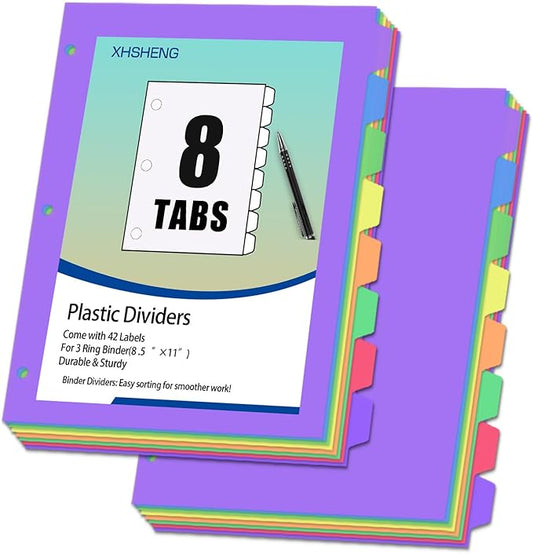 16Pcs/2 Sets Binder Dividers for 3 Ring Binder,8 Tab Binder Plastic Page dividers with Tab,8TAB Set,Multicolor
