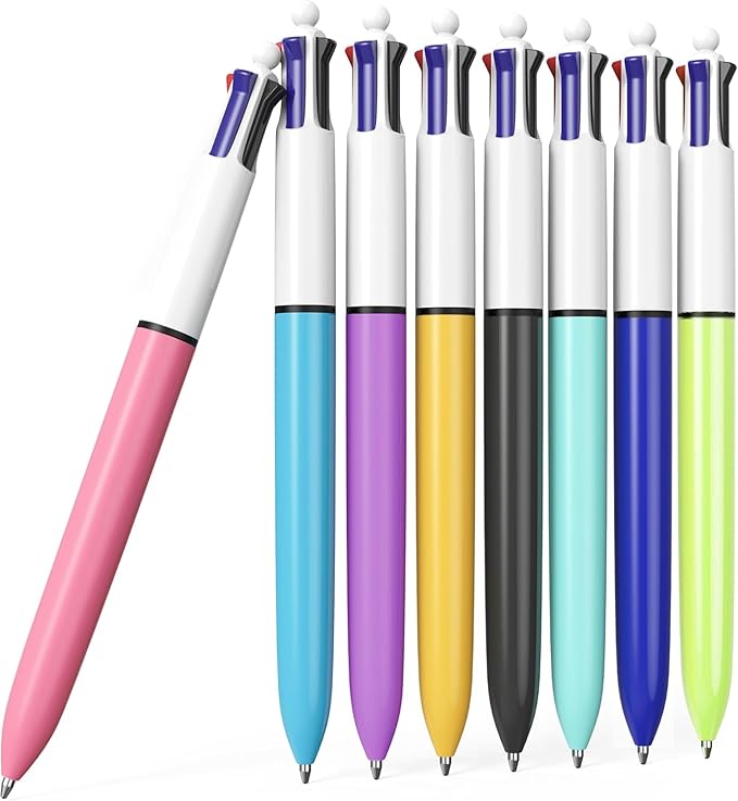 16-Pack Multicolor Ballpoint Pens. 4 color pens in one: red, blue, black, and green. It writes smoothly and is suitable for use in planners. These are 0.7mm multicolor pens.
