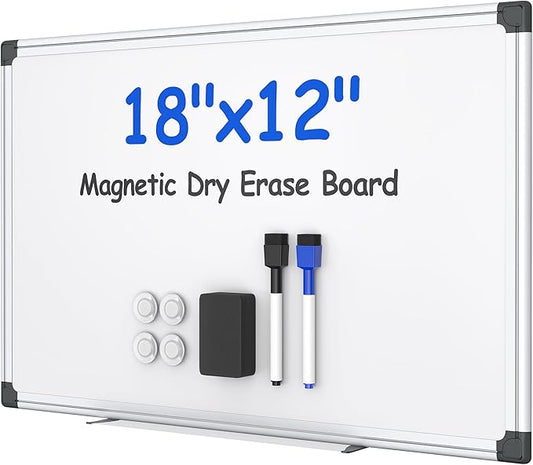 VUSIGN Magnetic White Board Kit for Wall 18" x 12", 1 Dry Eraser & 2 Multicolor Markers & 4 Magnetic Pins, Sliver Reinforced Aluminum Frame for Home, School, Office