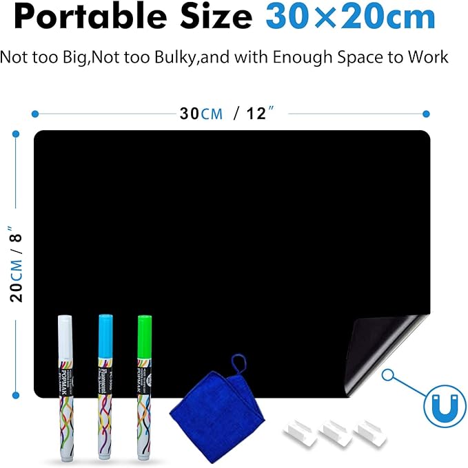 Magnetic Black Dry Erase Board Sheet 12" x 8" for Fridge, Easy to Read with 3 Bright Colors Chalk Markers, Small Refrigerator Magnet Whiteboard for Family Planner Grocery List