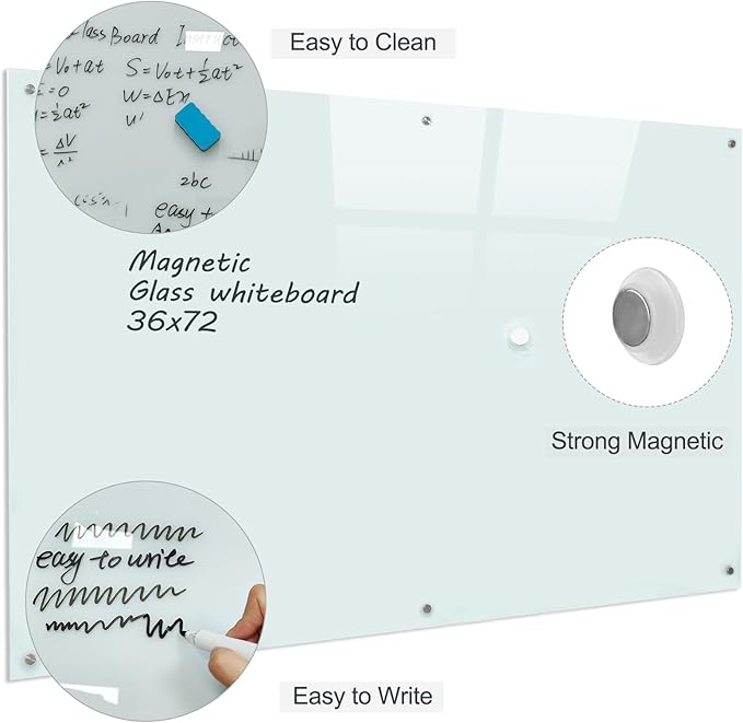 Glass Magnetic White Board - 72 x36 Inches Dry Erase Glass Whiteboard for Wall, Large Wall Mounted Glass Board for School, Office and Home