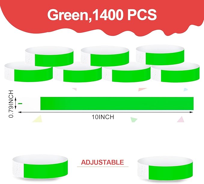 1400 Pack Wristbands for Events Paper Wristbands Waterproof Paper Bracelets Neon Wrist Bands Colored Wristbands Adhesive Hand Bands Armbands for Concerts(Green)