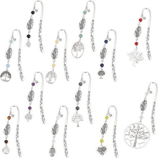 12pcs Tree of Life Bookmarks, Metal Crystal Bookmarks Vintage Gemstone Beading Bookmarks Alloy Leaf Book Markers for Reading Book Lovers Teacher's Day Delicate Gifts