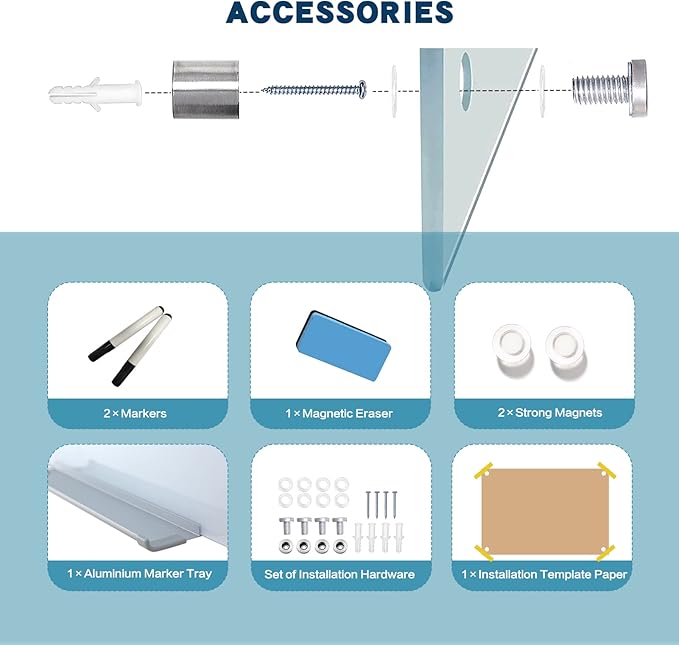 Magnetic Glass Whiteboard, 24"x36"Frameless Dry Erase Board White Board Surface Wall Mounted for Office, Classroom & Home