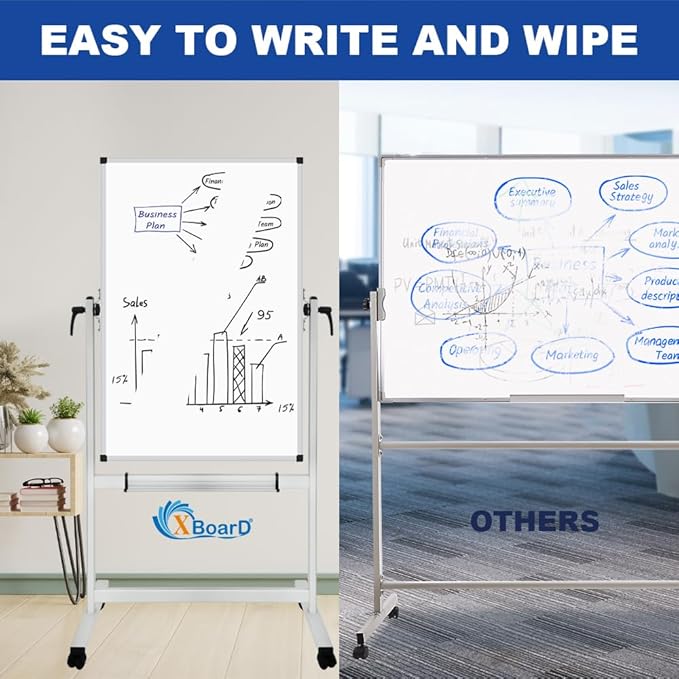XBoard Whiteboard Mobile, 44x30inch Double Sided Magnetic Dry Erase Board on Wheels, Magnetic Portable Easel with Stand