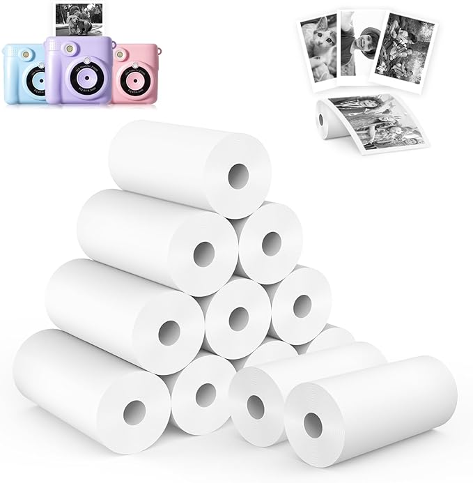 12 Rolls Kids Camera Instant Print Refill Paper Set, Phetium HD Printing Thermal Paper for Most Kids Instant Camera Photo Print (White-12 Rolls)