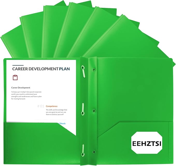 12-Pack Plastic Folders with Pockets and Prongs,2-Pocket Folders with 3 Fasteners, Poly Folders Holds 8-1/2" x 11" Paper for School/Office/Home, Green