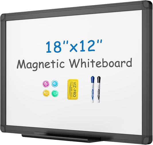 VIZ-PRO Magnetic Whiteboard/Dry Erase Board with Black Aluminium Frame, 18 X 12 Inches, Includes 1 Eraser & 2 Markers & 4 Magnets