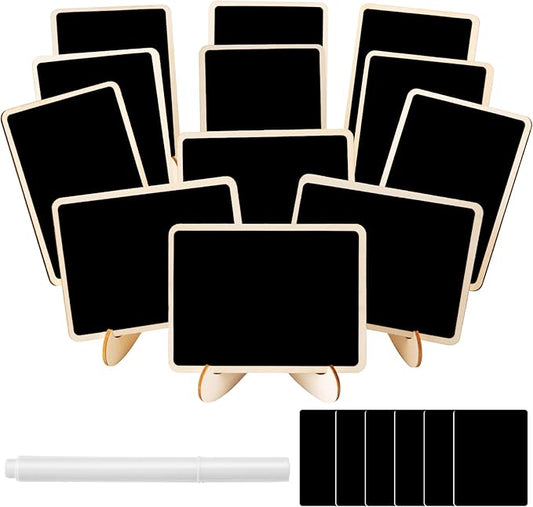 12 Pcs Rectangle Mini Chalkboard Signs, Small Chalkboard Labels with Easel Stand, Wooden Blackboard for Table Numbers, Food Signs, Wedding Signs, Place Cards and Party, 1 Liquid Chalk