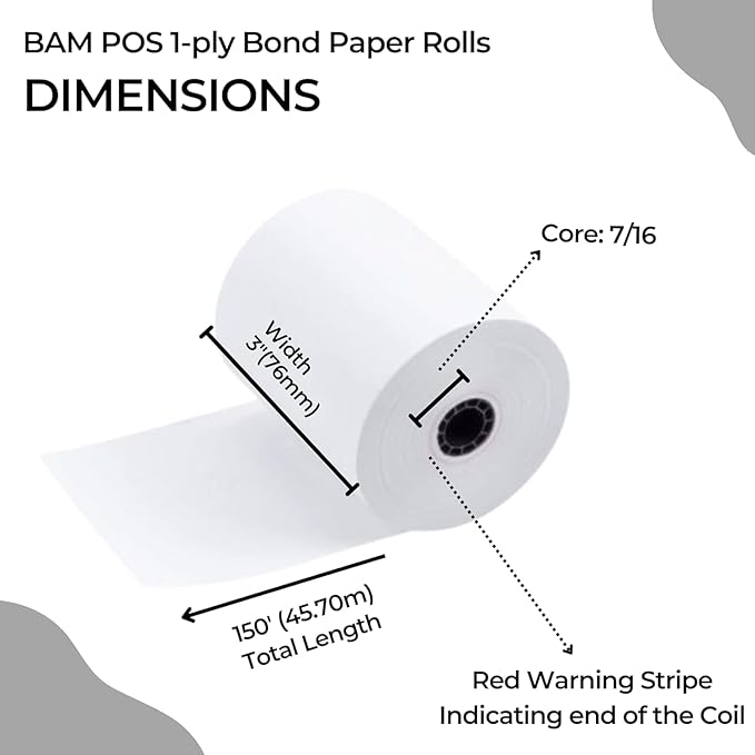 1Ply Bond Receipt Paper Rolls 3 x 150 White Paper for Kitchen Impact Printers TMU200 SRP275 Star SP700 Suitable For Printing Kitchen Tickets and Order receipts 24 Rolls Per Case