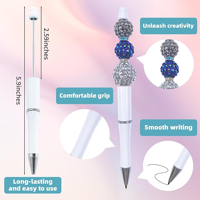 15 Pieces Beadable Pens - Beaded Pens Plastic Diy Black Ink Ballpoint Pens Bulk - Bead Pens Suitable For Teacher, Students, Office, School, Graduation Gift Supplies(White)