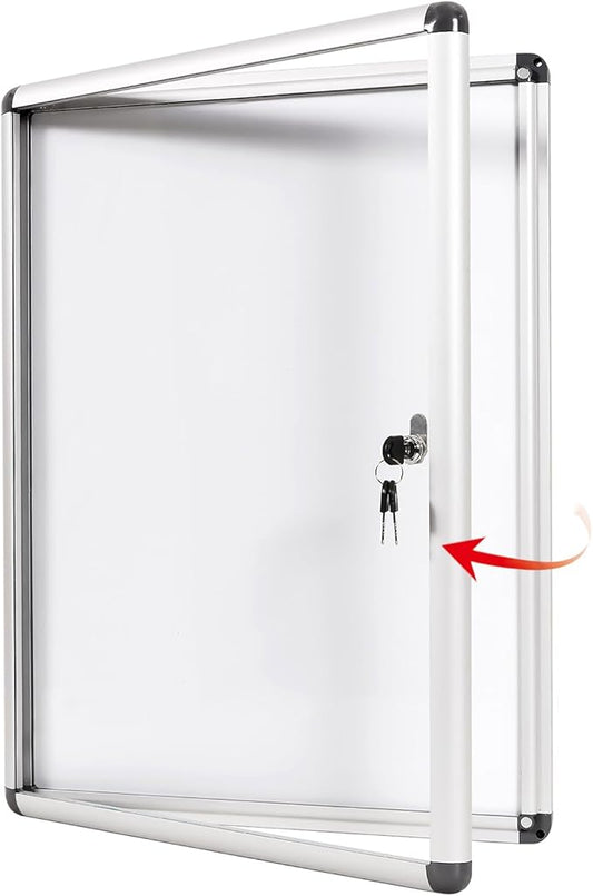 SWANCROWN Enclosed Bulletin Board Dry Erase Noticeboard Lockable Display Boards White with Aluminium Frame 20x14inch(2xA4)