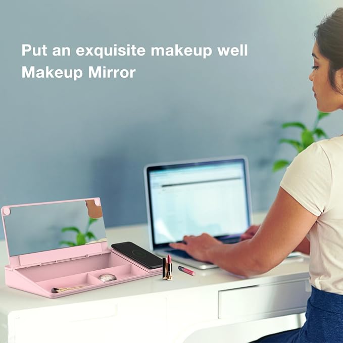 TOWON Desktop Glass Whiteboard with Charger Pad, Small Desk Whiteboard - Glass Dry Erase White Board- Desk Computer Buddy with Storage, Mirror and Charging Station, Pink, 17 x 6 in