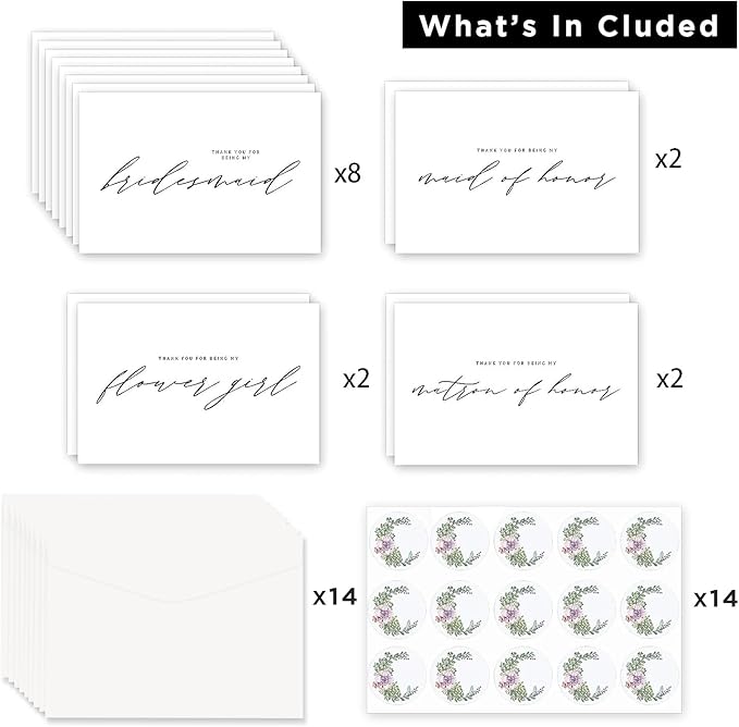 14 PACK Thank You for Being My Bridesmaid Card |Blank Inside Wedding Ceremony Thank You Card | Premium Recycled Linen Cardstock | With Matching Envelope | 5.9"x3.9"
