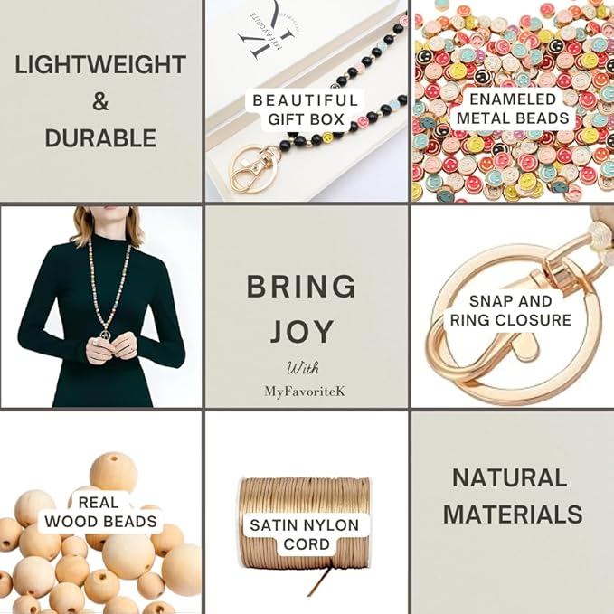 Smile Teacher Lanyard for Women ID Badges and Keychain Cute Happy Wood and Metal Beaded Lanyard Badge Holder