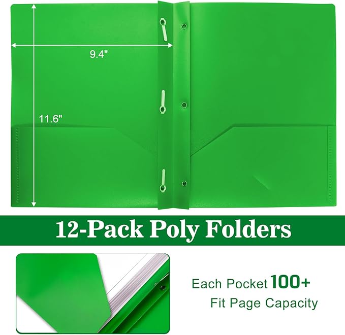 12-Pack Plastic Folders with Pockets and Prongs,2-Pocket Folders with 3 Fasteners, Poly Folders Holds 8-1/2" x 11" Paper for School/Office/Home, Green