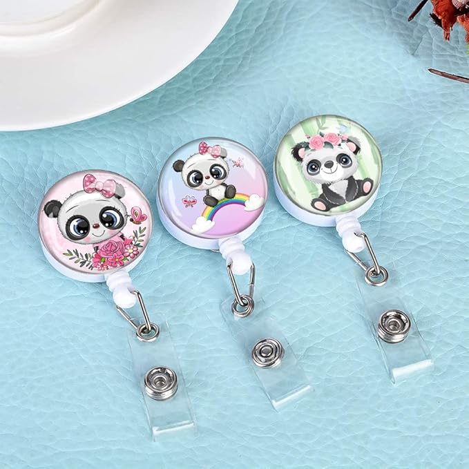 Retractable ID Badge Holder,Nurse Badge Reels with Clip,Name Card Holders for Office Worker Doctor Nurse (3 Pack Pretty Panda)