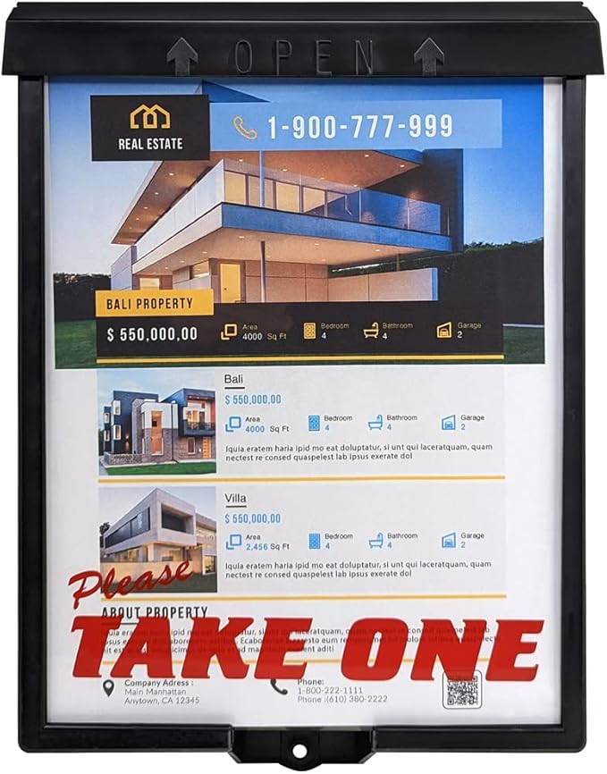Outdoor Real Estate Brochure Box with Snap Shut Lid, Take One Document Holder Can Hold 100, 8.5 x 11 Documents, Flyers, Literature and Other Outdoor Marketing Needs