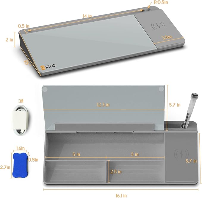 SELEAD Desktop Glass Whiteboard with Wireless Charger Station, Dry Erase White Board Computer Pad Keyboard Stand with Organizer for Home, School, Office Desk Accessories, Gray