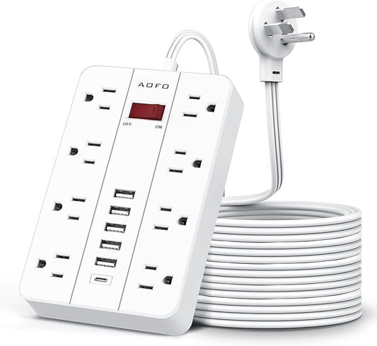 15ft Extension Cord Long Power Strip,AOFO 8 Widely-Spaced Outlets & 6 USB Ports Flat Plug Power Strip,Power Cord for Wall Mountable and Desktop White