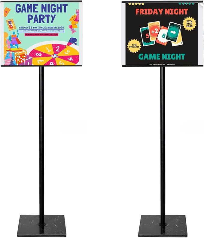 Adjustable Poster Sign Holder Stand 11x17 , Sign Holder Stand with Heavy Duty Marble Base, Reusable Sign Holder Vertical & Horizontal View Display for Indoor Outdoor Standing, 2 PACK(Square)