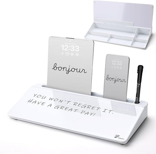 TOWON Small Tilted Desktop Glass Whiteboard, Notepad Computer Keyboard Stand with Dry Erase Board Surface, Desk Organizers with Accessories for Office, Home, School Supplies, White, 18 x 6 Inches