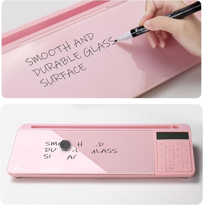 TOWON Desktop Whiteboard with Electronic Calculator and Mirror, Pink Desk Glass Whiteboard Organized, Glass Desktop Dry Erase Board with Accessories for Home Office Supply, Keyboard Dry Erase Notepad