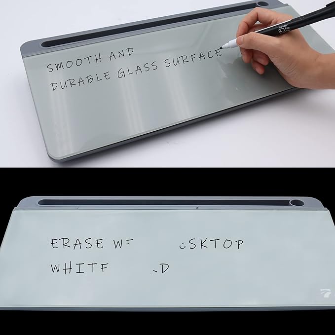 TOWON Small Tilted Desktop Glass Whiteboard, Notepad Computer Keyboard Stand with Dry Erase Board Surface, Desk Organizers with Accessories for Office, Home, School Supplies, Gray, 18 x 6 Inches