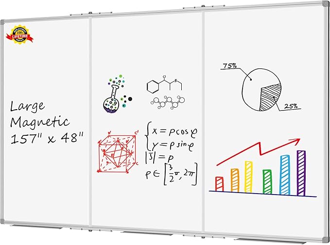 Lockways Large Magnetic 157" x 48" Dry Erase Board, Foldable Wall Mounted Whiteboard| White Board with Pen Tray for Business,Team,Home Office,Home Education and School Classroom
