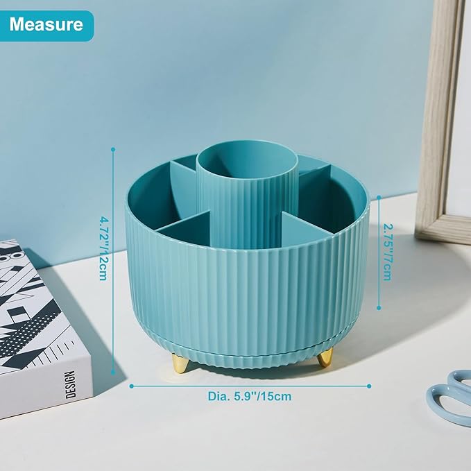360 Degree Rotation Pen Holder, 5 Slots Office Desk Pen Organizer Multi-Functional Pencil Cup Makeup Brush Holder Office Business Card Pen Pencil Stationery Holder Storage Box Blue